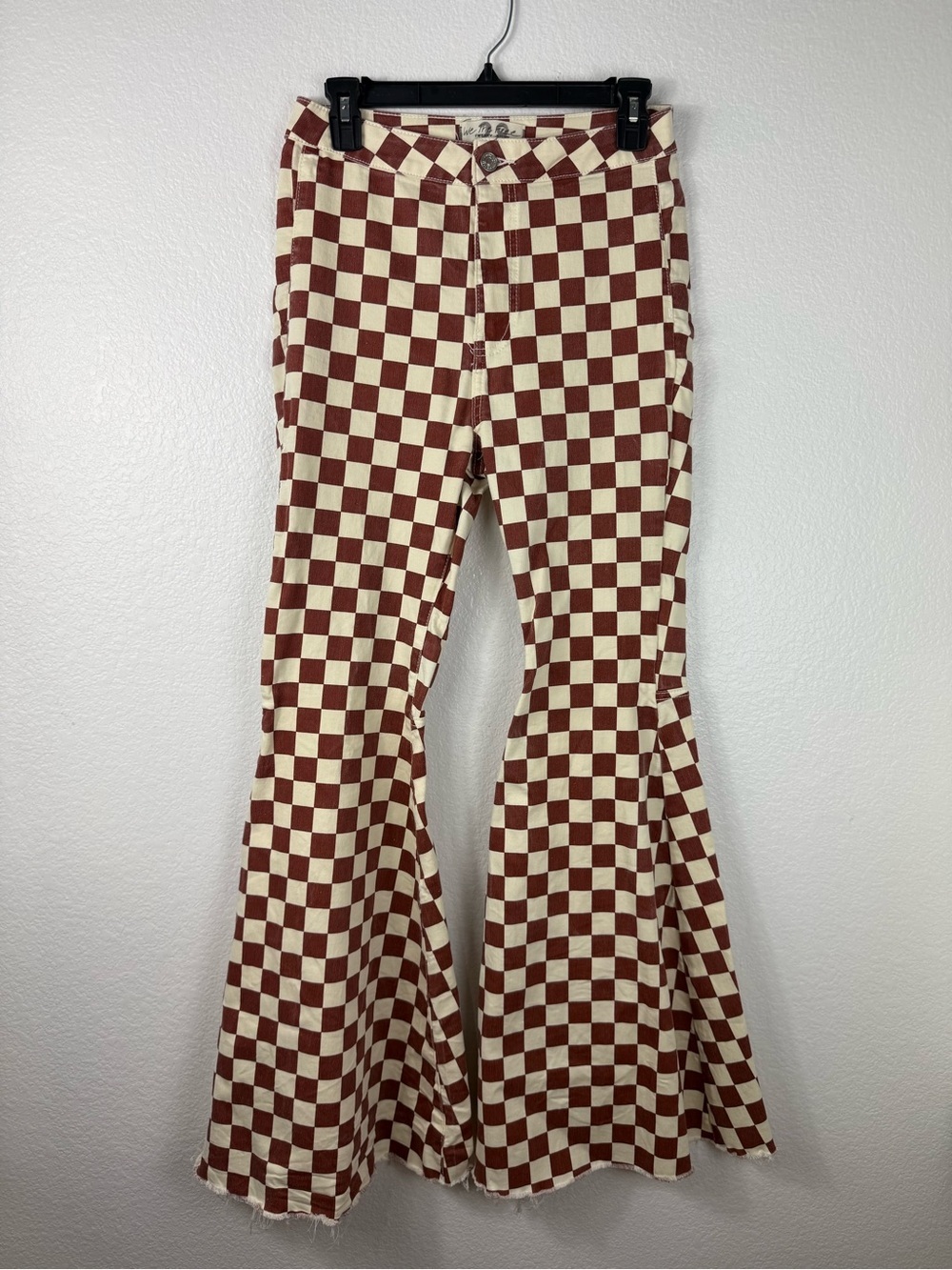 Free People Checkerboard High-Waist Flared Pants - Brown & White size 28 - Picture 2 of 8